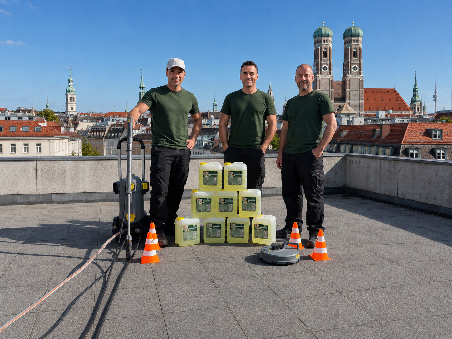Das Team von Empefly Service mit Hochdruckreiniger und Reinigungsmitteln Made in Germany