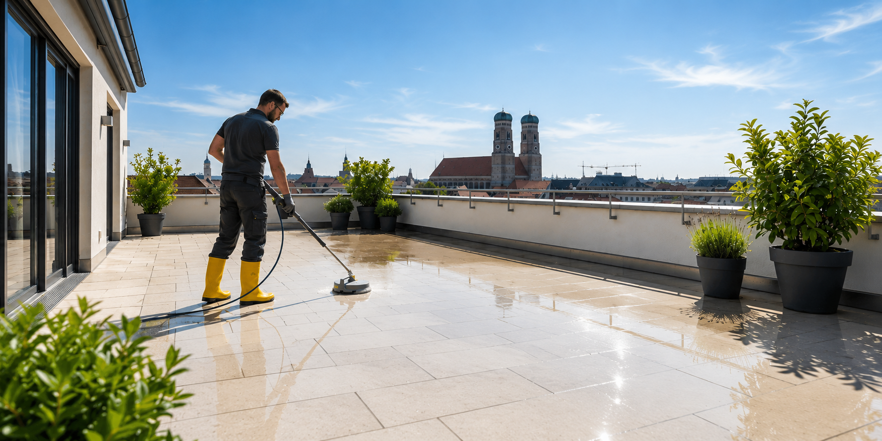 Empefly Steinreinigung in München – gereinigte Dachterrasse mit Blick auf die Frauenkirche