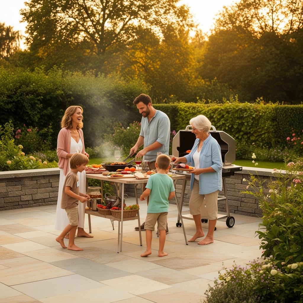 Familie grillt auf sauberer Terrasse
