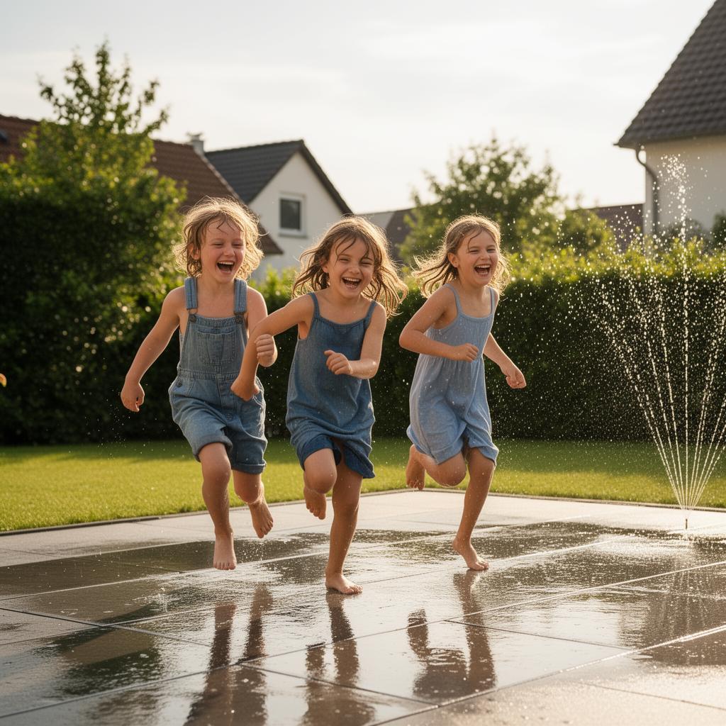 Kinder spielen barfuß auf sauberer Terrasse