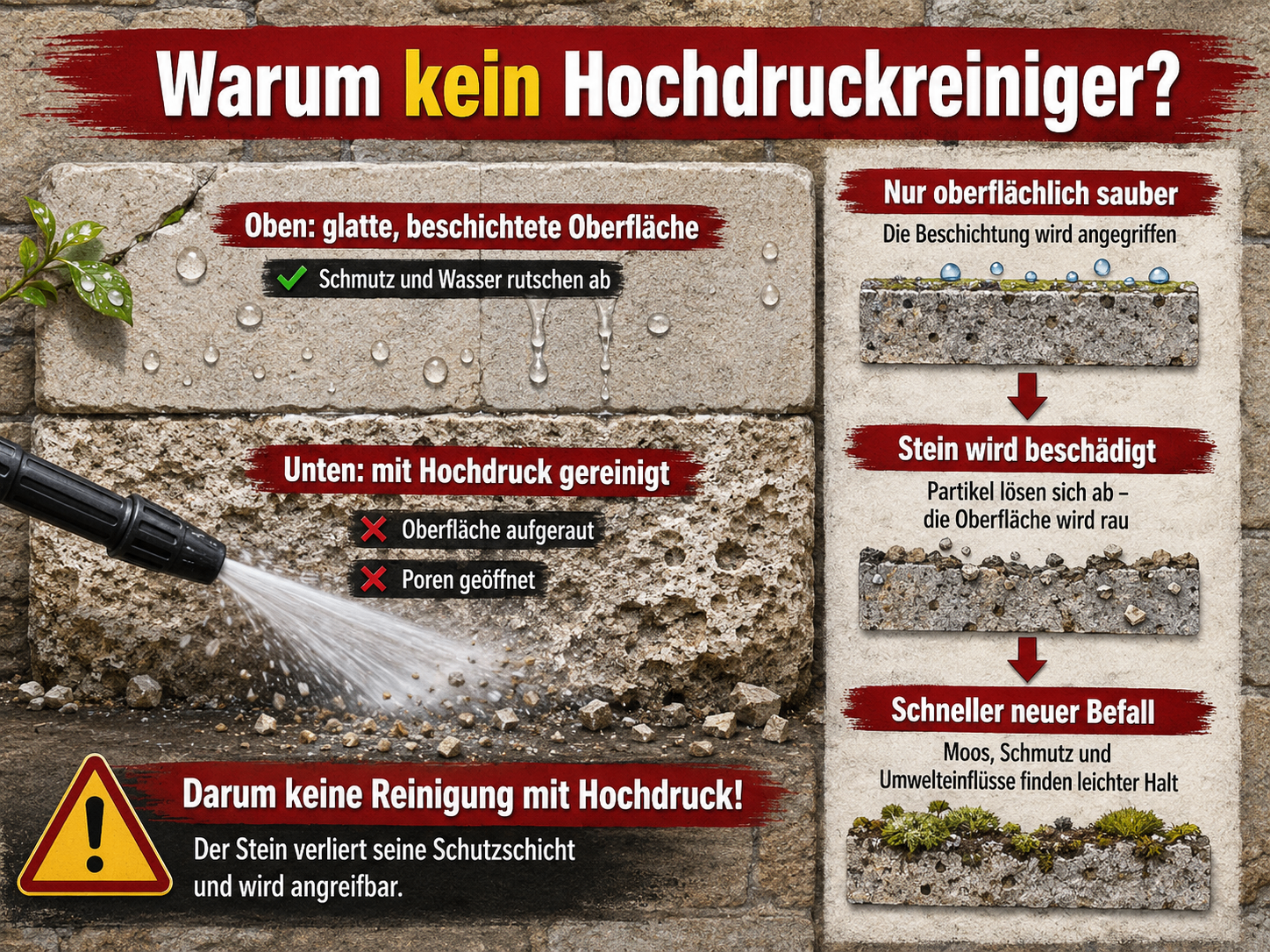 Vergleich: glatte beschichtete Oberfläche vs. mit Hochdruck zerstörter Stein